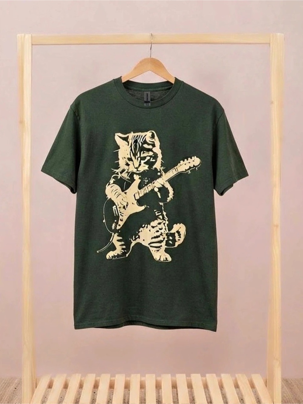 Cat Playing Guitar Graphic T-Shirt Forest Green
